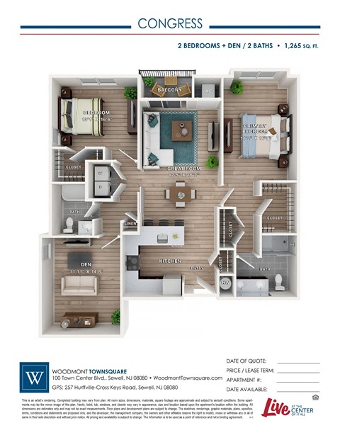 Floor plan for 2 beds, 2 baths, 1265 sqft